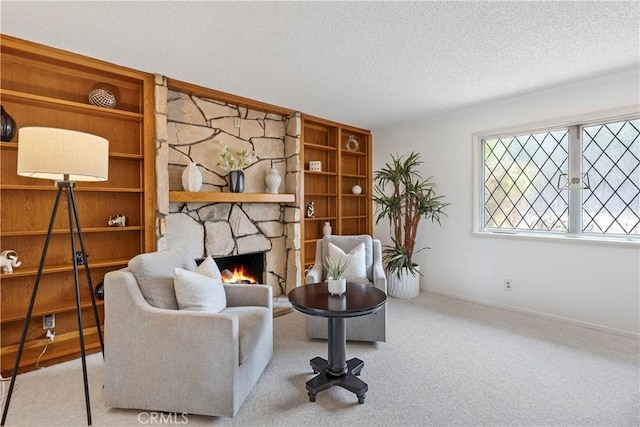 612 Harbor Island Dr, Newport Beach, CA 92660 - sitting room featuring a fireplace, a textured ceiling, and carpet flooring