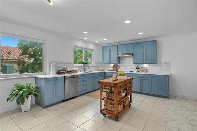 1200 Opal St Unit 7, Redondo Beach, CA 90277 - kitchen with dishwasher, blue cabinetry, light countertops, crown molding, and decorative backsplash