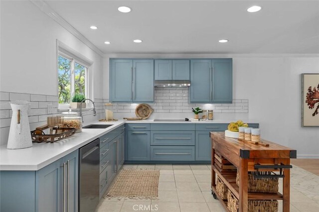 1200 Opal St Unit 7, Redondo Beach, CA 90277 - kitchen featuring dishwasher, crown molding, light countertops, recessed lighting, and decorative backsplash