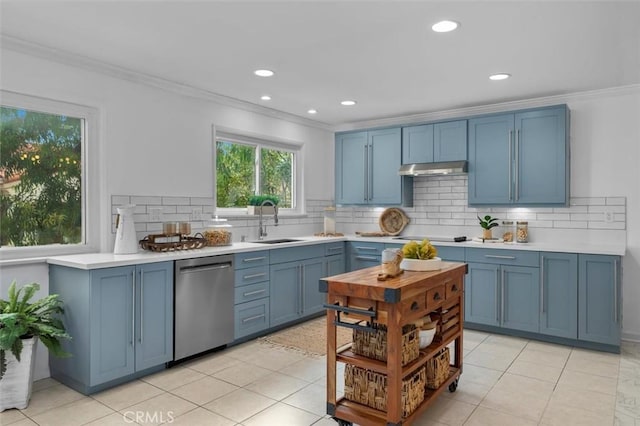 1200 Opal St Unit 7, Redondo Beach, CA 90277 - kitchen featuring dishwasher, blue cabinetry, crown molding, light countertops, and decorative backsplash