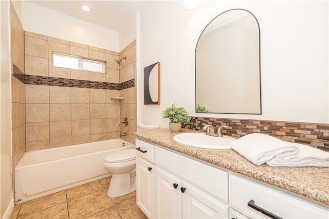 4158 Larchwood Pl, Riverside, CA 92506 - bathroom featuring vanity, bathing tub / shower combination, tile patterned floors, and tasteful backsplash