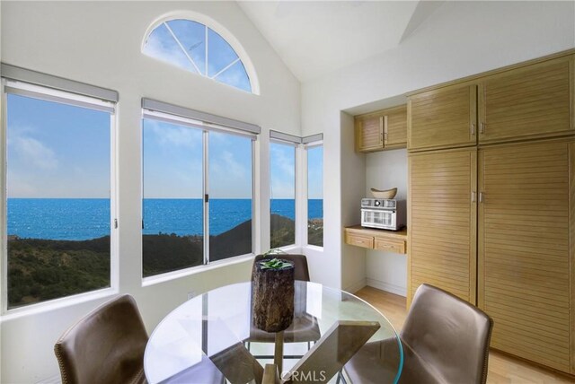 46 Saint Tropez, Laguna Niguel, CA 92677 - dining space with light wood-style flooring, high vaulted ceiling, and a water view