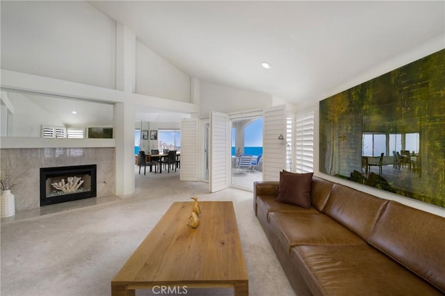 46 Saint Tropez, Laguna Niguel, CA 92677 - carpeted living room with a premium fireplace and high vaulted ceiling