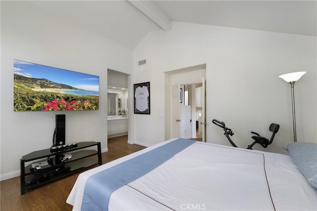 46 Saint Tropez, Laguna Niguel, CA 92677 - bedroom with wood finished floors, beamed ceiling, high vaulted ceiling, and connected bathroom