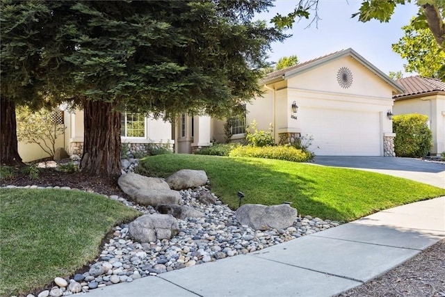 1044 Sleepy Hollow Rd, Paso Robles, CA 93446 - view of front of home with stone siding, concrete driveway, stucco siding, a front yard, and an attached garage