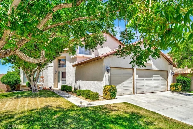 3115 Crowne Dr, Palmdale, CA 93551 - view of front of home with stucco siding, a garage, driveway, a front lawn, and a tile roof