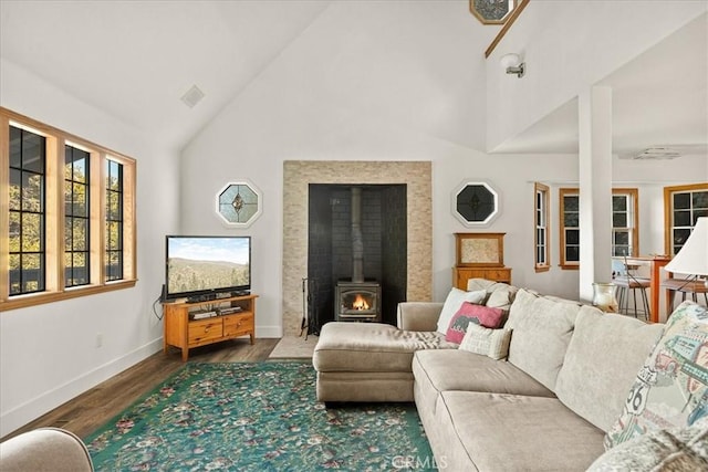 21658 W Buckthorne Dr, Cedarpines Park, CA 92322 - living room featuring a wood stove, wood finished floors, and high vaulted ceiling