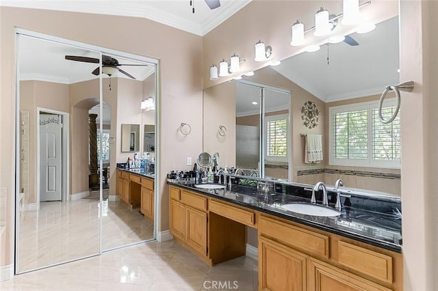 15075 Avenida Del Monte, Chino Hills, CA 91709 - full bath with ceiling fan, crown molding, and double vanity