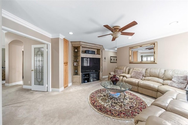 15075 Avenida Del Monte, Chino Hills, CA 91709 - living room featuring ceiling fan, arched walkways, ornamental molding, light carpet, and recessed lighting