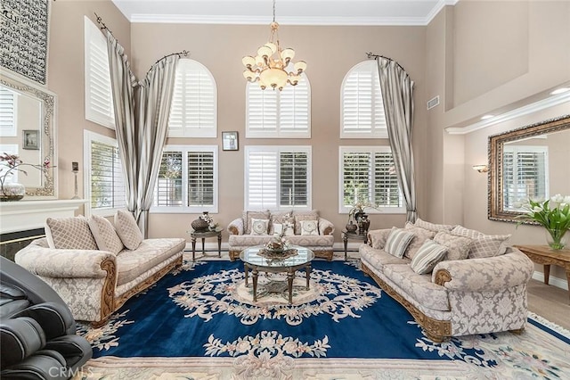 15075 Avenida Del Monte, Chino Hills, CA 91709 - living area featuring a towering ceiling, crown molding, and a chandelier