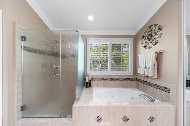 15075 Avenida Del Monte, Chino Hills, CA 91709 - full bath with a stall shower, crown molding, a whirlpool tub, and recessed lighting