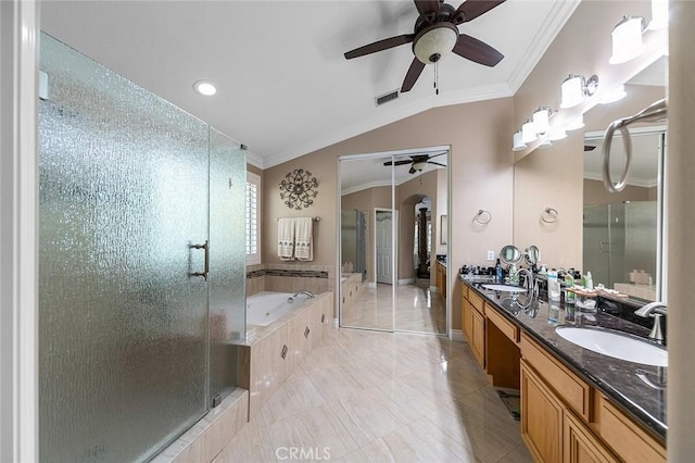 15075 Avenida Del Monte, Chino Hills, CA 91709 - bathroom with ceiling fan, a stall shower, ornamental molding, double vanity, and a bath