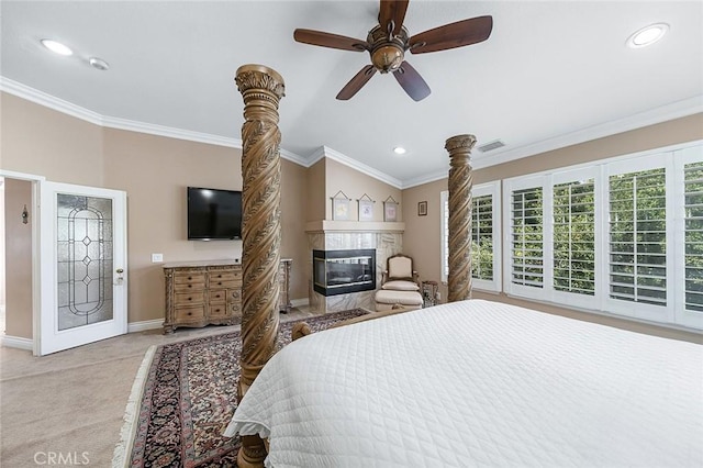 15075 Avenida Del Monte, Chino Hills, CA 91709 - bedroom with a fireplace, light colored carpet, crown molding, recessed lighting, and ceiling fan