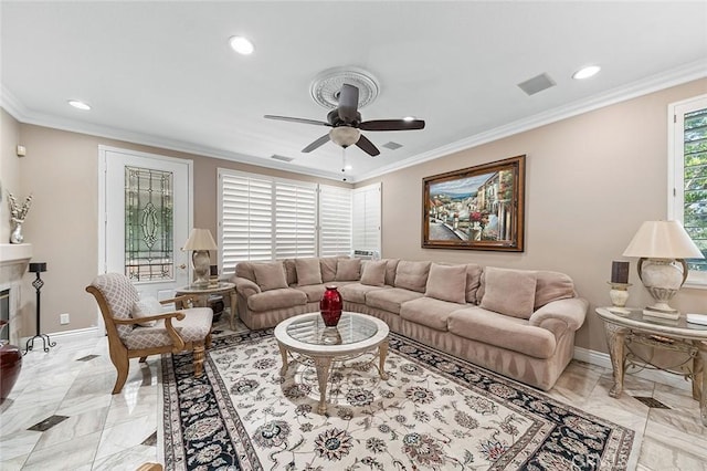 15075 Avenida Del Monte, Chino Hills, CA 91709 - living room featuring recessed lighting, light marble finish floors, ceiling fan, ornamental molding, and a fireplace