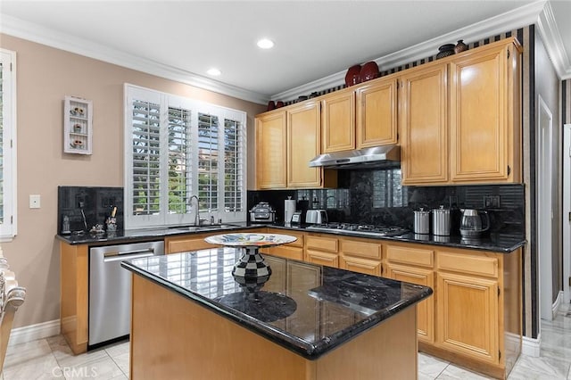 15075 Avenida Del Monte, Chino Hills, CA 91709 - kitchen featuring appliances with stainless steel finishes, under cabinet range hood, crown molding, tasteful backsplash, and dark stone counters