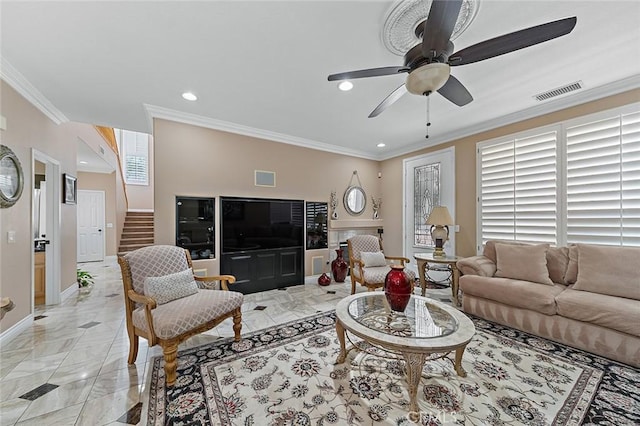 15075 Avenida Del Monte, Chino Hills, CA 91709 - living area featuring stairs, ceiling fan, crown molding, light marble finish floors, and recessed lighting