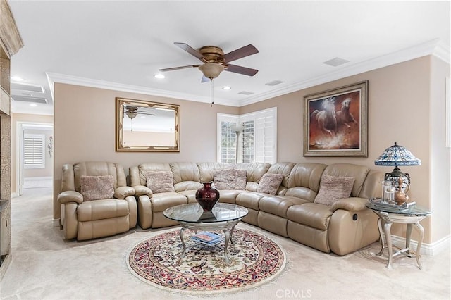 15075 Avenida Del Monte, Chino Hills, CA 91709 - living area with light colored carpet, a ceiling fan, crown molding, recessed lighting, and plenty of natural light