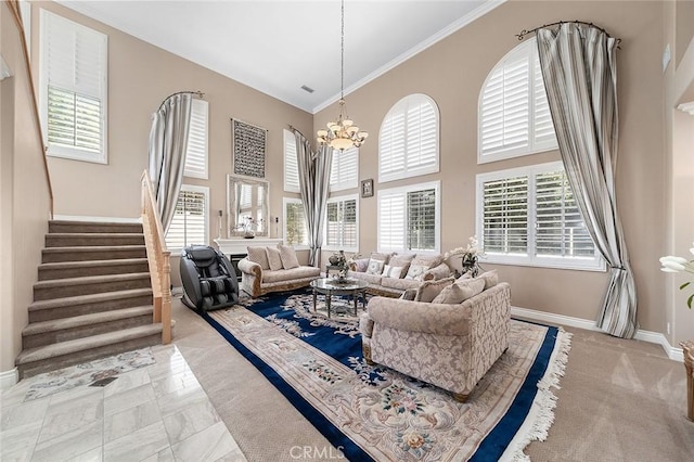 15075 Avenida Del Monte, Chino Hills, CA 91709 - living area with a towering ceiling, a chandelier, plenty of natural light, stairs, and ornamental molding