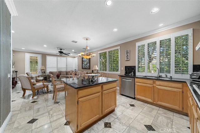 15075 Avenida Del Monte, Chino Hills, CA 91709 - kitchen with stainless steel dishwasher, ornamental molding, recessed lighting, a kitchen island, and open floor plan