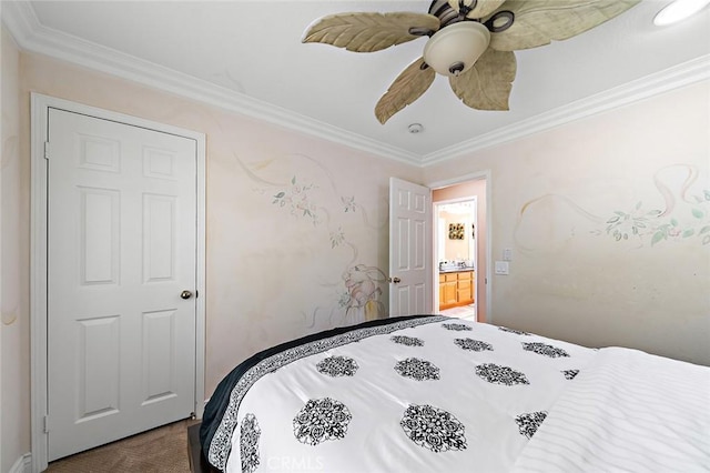 15075 Avenida Del Monte, Chino Hills, CA 91709 - bedroom featuring ornamental molding, dark colored carpet, and a ceiling fan