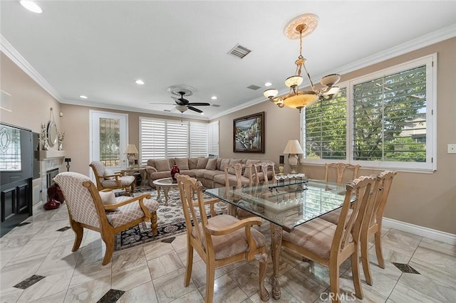15075 Avenida Del Monte, Chino Hills, CA 91709 - dining area with recessed lighting, ornamental molding, a tile fireplace, a chandelier, and ceiling fan