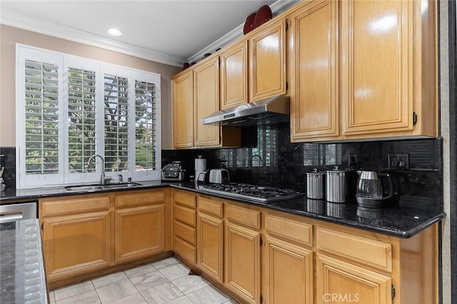 15075 Avenida Del Monte, Chino Hills, CA 91709 - kitchen featuring under cabinet range hood, stainless steel gas cooktop, dark stone counters, backsplash, and crown molding
