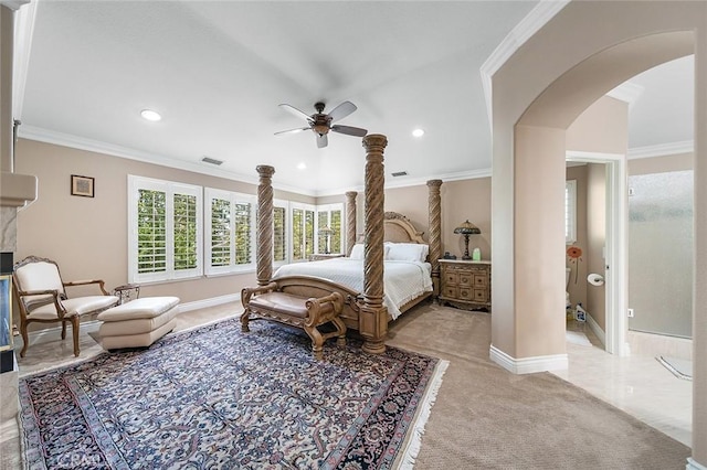 15075 Avenida Del Monte, Chino Hills, CA 91709 - bedroom featuring arched walkways, carpet flooring, ornamental molding, recessed lighting, and a ceiling fan