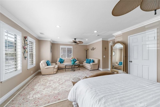 15075 Avenida Del Monte, Chino Hills, CA 91709 - bedroom with multiple windows, ornamental molding, recessed lighting, and ceiling fan
