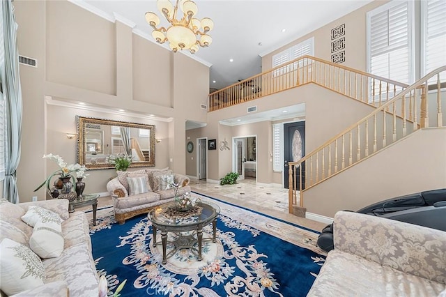 15075 Avenida Del Monte, Chino Hills, CA 91709 - living room with a high ceiling, a chandelier, stairs, recessed lighting, and crown molding