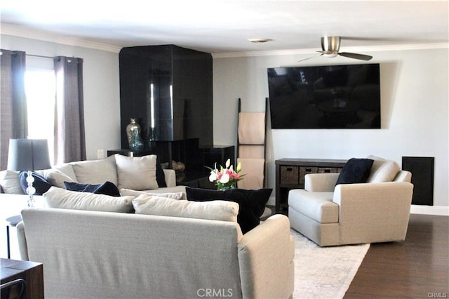 43340 Illinois, Palm Desert, CA 92211 - living room with ceiling fan, wood finished floors, and crown molding