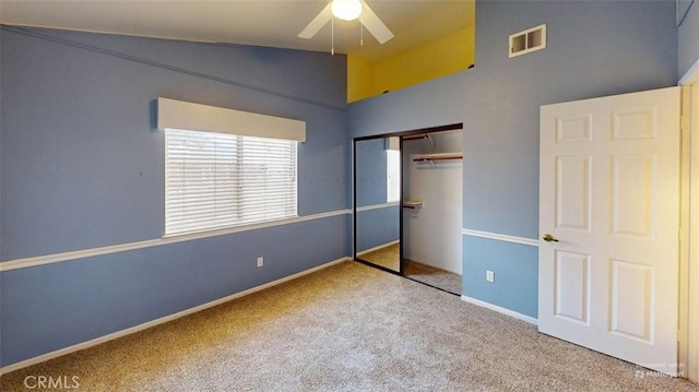 12429 Pocono Pl, Apple Valley, CA 92308 - unfurnished bedroom with carpet flooring, a closet, a ceiling fan, and a towering ceiling