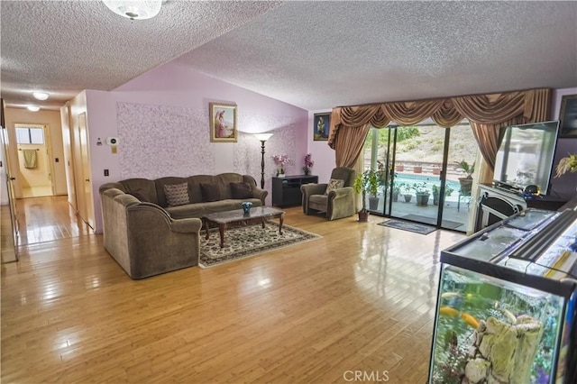 17149 Gledhill St, Northridge, CA 91325 - living room featuring a textured ceiling, vaulted ceiling, and light wood-style flooring