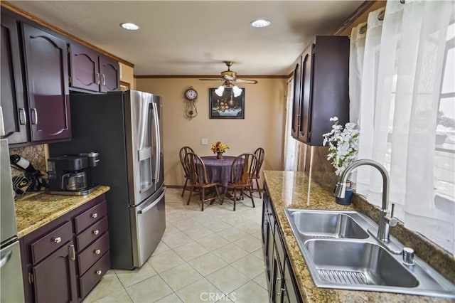 17149 Gledhill St, Northridge, CA 91325 - kitchen featuring light tile patterned floors, a ceiling fan, stainless steel refrigerator with ice dispenser, light stone counters, and ornamental molding