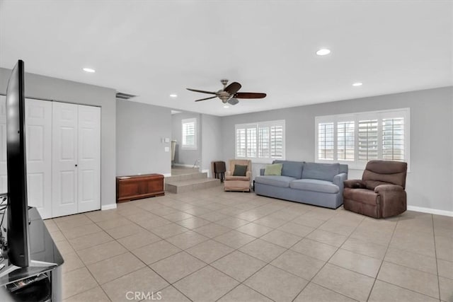 15728 Stevens Ave, Bellflower, CA 90706 - living area featuring ceiling fan, light tile patterned floors, and recessed lighting