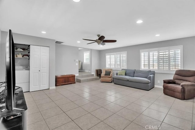 15728 Stevens Ave, Bellflower, CA 90706 - living room with ceiling fan, recessed lighting, and light tile patterned floors