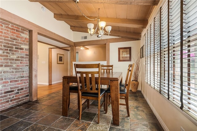 10430 Balboa Blvd, Granada Hills, CA 91344 - dining room with wooden ceiling, a chandelier, and stone tile flooring