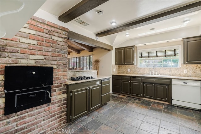 10430 Balboa Blvd, Granada Hills, CA 91344 - kitchen featuring white dishwasher, tasteful backsplash, stone tile flooring, and light countertops