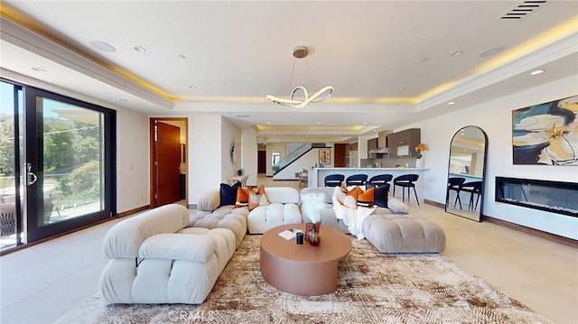 12480 Viewcrest Rd, Studio City, CA 91604 - living area featuring a tray ceiling, a chandelier, and recessed lighting