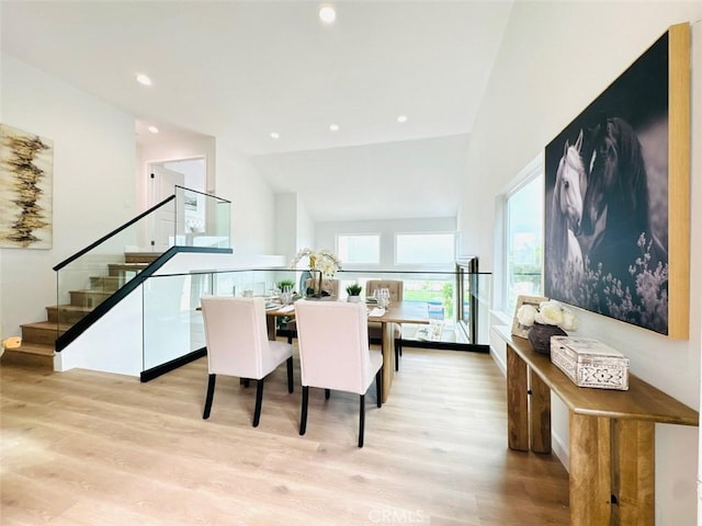 83 Palm Beach Ct, Dana Point, CA 92629 - dining area featuring light wood-style floors, stairs, vaulted ceiling, and recessed lighting