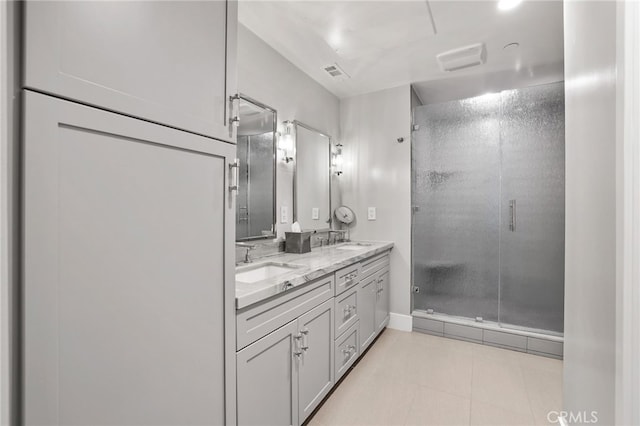 1920 S Pacific Coast Hwy, Redondo Beach, CA 90277 - bathroom featuring double vanity, a shower stall, and tile patterned flooring
