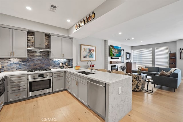 1920 S Pacific Coast Hwy, Redondo Beach, CA 90277 - kitchen featuring stainless steel appliances, gray cabinets, wall chimney exhaust hood, a peninsula, and open floor plan