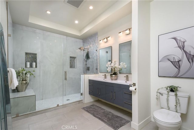 4557 Don Timoteo Dr, Los Angeles, CA 90008 - bathroom with double vanity, a shower stall, recessed lighting, tile patterned floors, and a tray ceiling