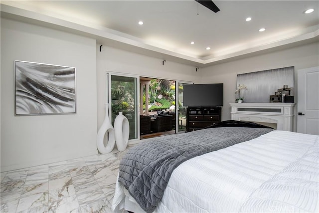 4557 Don Timoteo Dr, Los Angeles, CA 90008 - bedroom featuring recessed lighting, access to outside, marble finish floors, and a raised ceiling