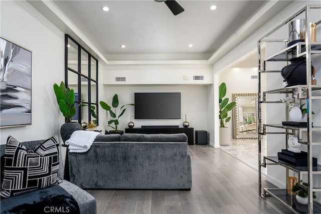 4557 Don Timoteo Dr, Los Angeles, CA 90008 - living area with ceiling fan, wood finished floors, and recessed lighting