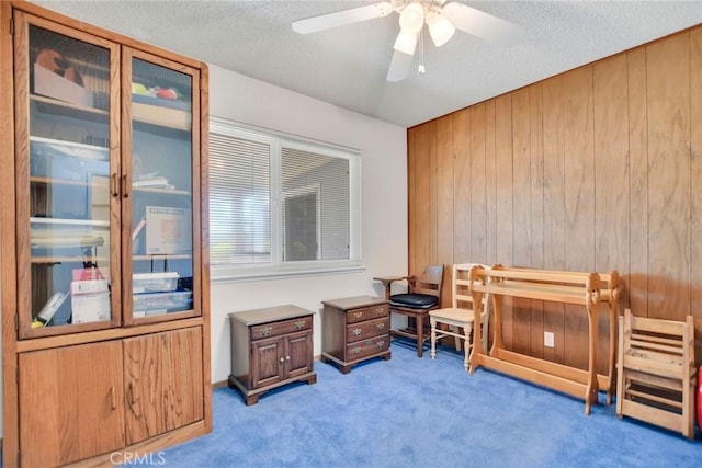9452 El Valle Ave, Fountain Valley, CA 92708 - carpeted office featuring wood walls, a ceiling fan, and a textured ceiling