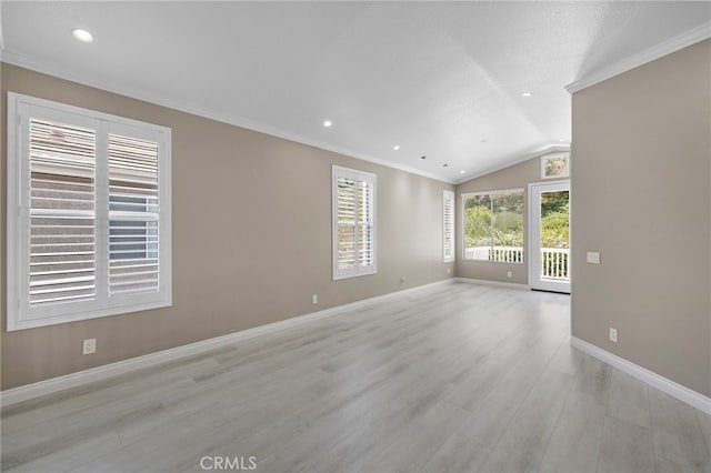 9 Cranwell, Aliso Viejo, CA 92656 - unfurnished room featuring light wood finished floors, ornamental molding, recessed lighting, and lofted ceiling