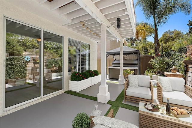 9 Cranwell, Aliso Viejo, CA 92656 - view of patio / terrace featuring an outdoor hangout area, a hot tub, and a gazebo