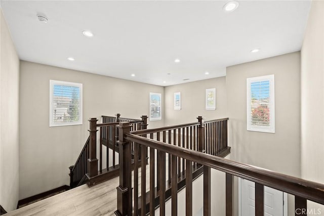 6792 Vanderbilt St, Chino, CA 91710 - hall featuring an upstairs landing, light wood-style floors, and recessed lighting