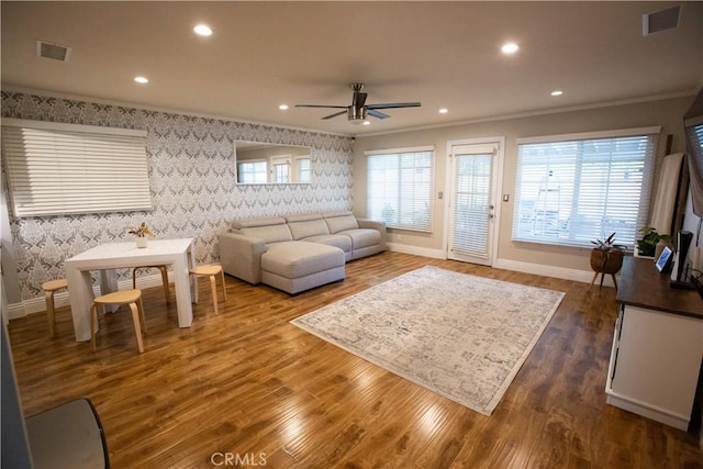 750 Durham St, La Habra, CA 90631 - living room featuring wallpapered walls, ornamental molding, a ceiling fan, recessed lighting, and dark wood finished floors