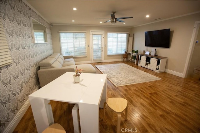 750 Durham St, La Habra, CA 90631 - living area featuring crown molding, a ceiling fan, wood finished floors, recessed lighting, and healthy amount of natural light